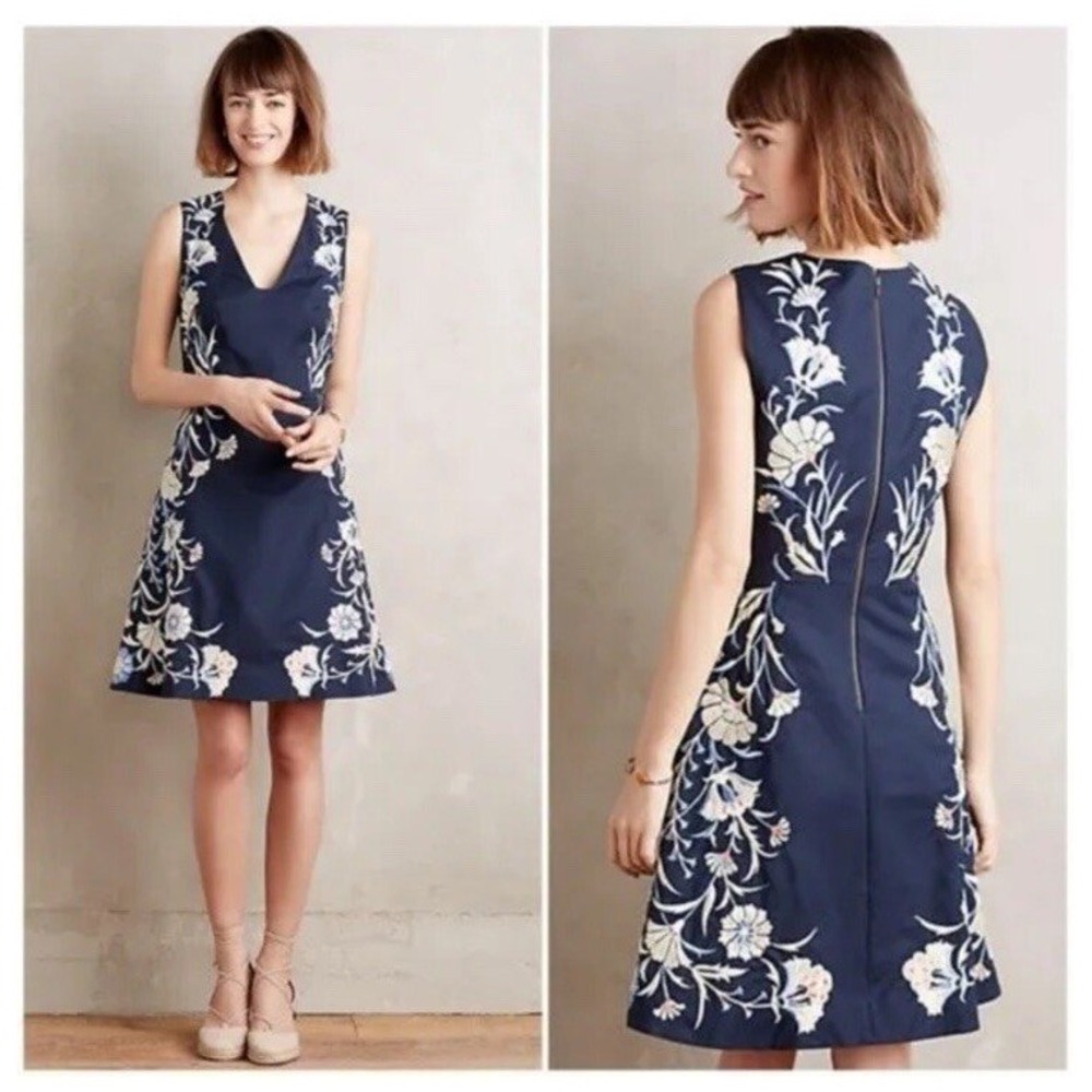 Moulinette Soeurs Navy Floral Embroidered V Neck A Line Dress Zip Back Size 0